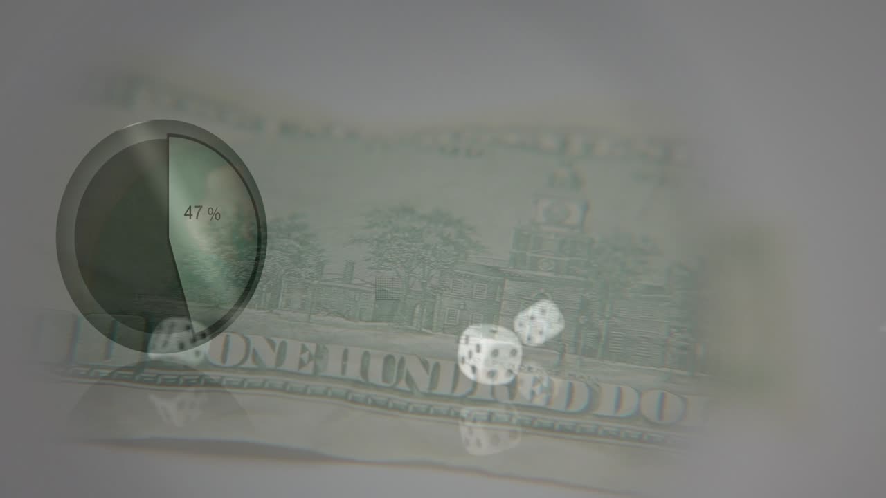 Animaatio tietojenkäsittelystä setelien ja noppien yllä