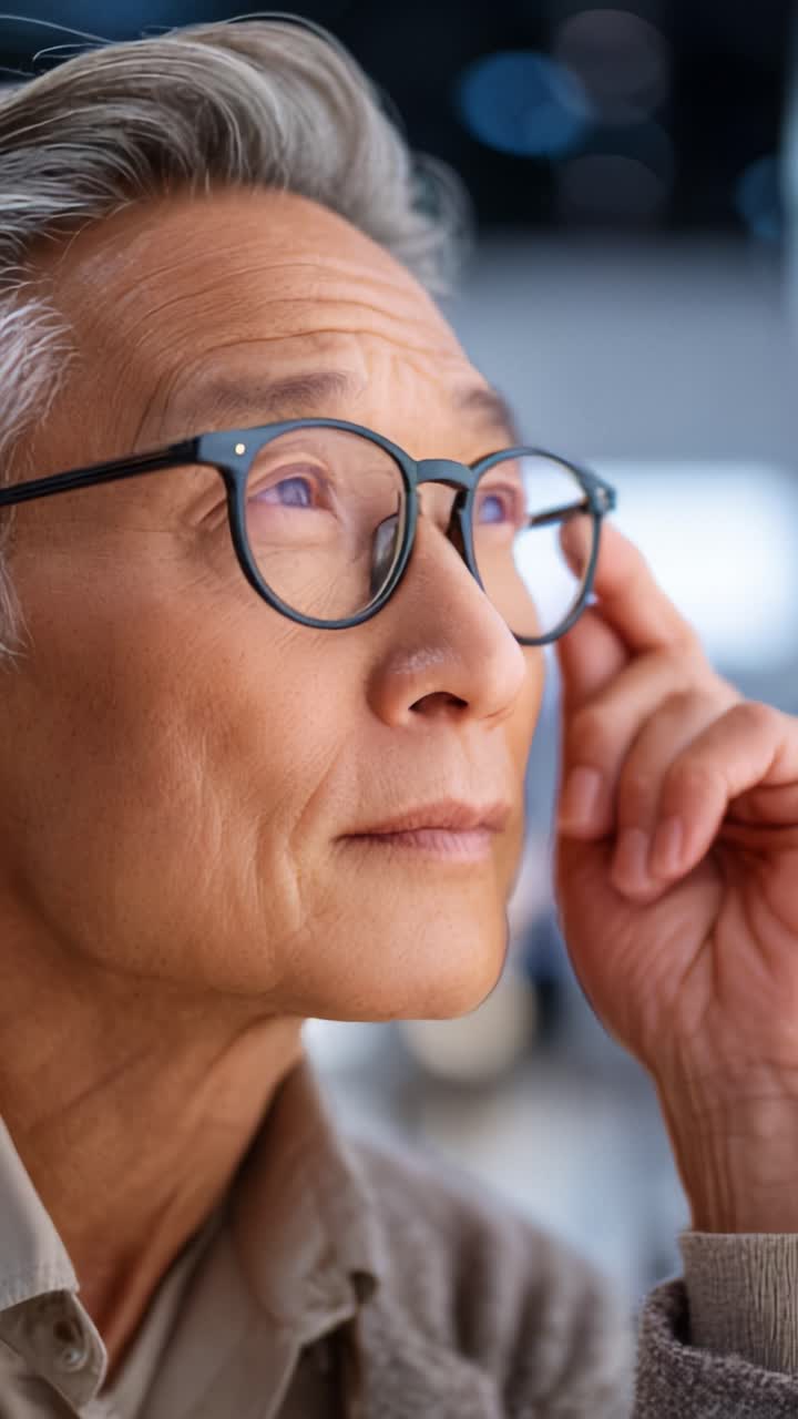 Contemplative Moment: An Elderly Man with Gray Hair and Glasses Lost in Thought, Reflecting on Life's Meaning as He Gazes Thoughtfully into the Distance