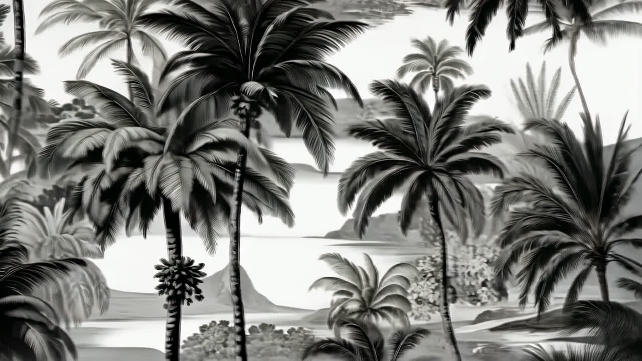 Monochrome Tropical Landscape with Palm Trees and Bay