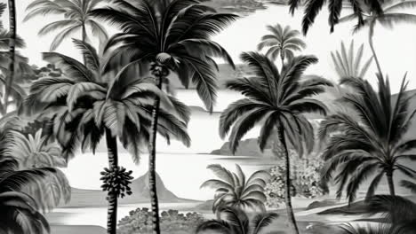 monochrome tropical landscape with palm trees and bay