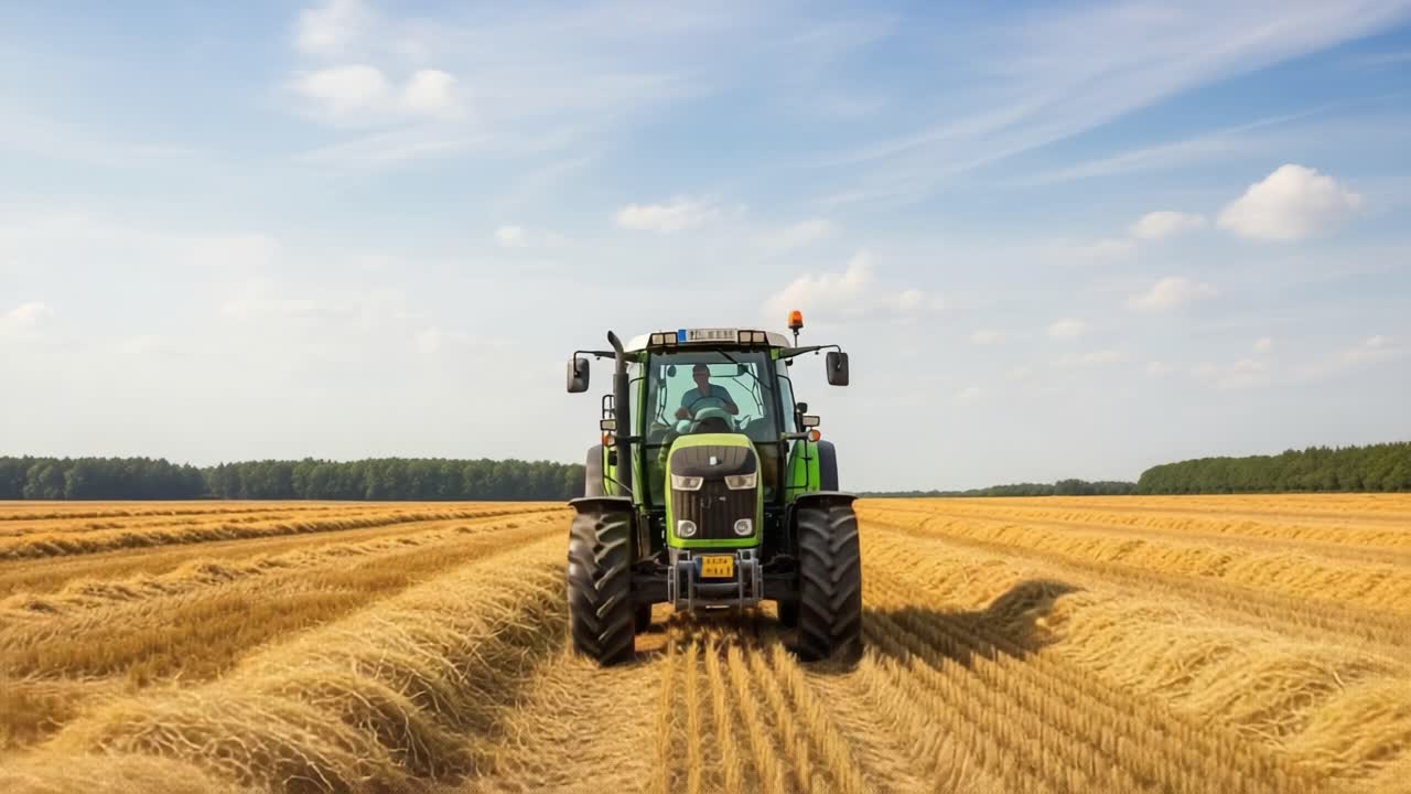 A Powerful Green Tractor Navigating Through Golden Fields Under a Clear Sky, Capturing the Essence of Farming and Harvesting in Rural Landscapes