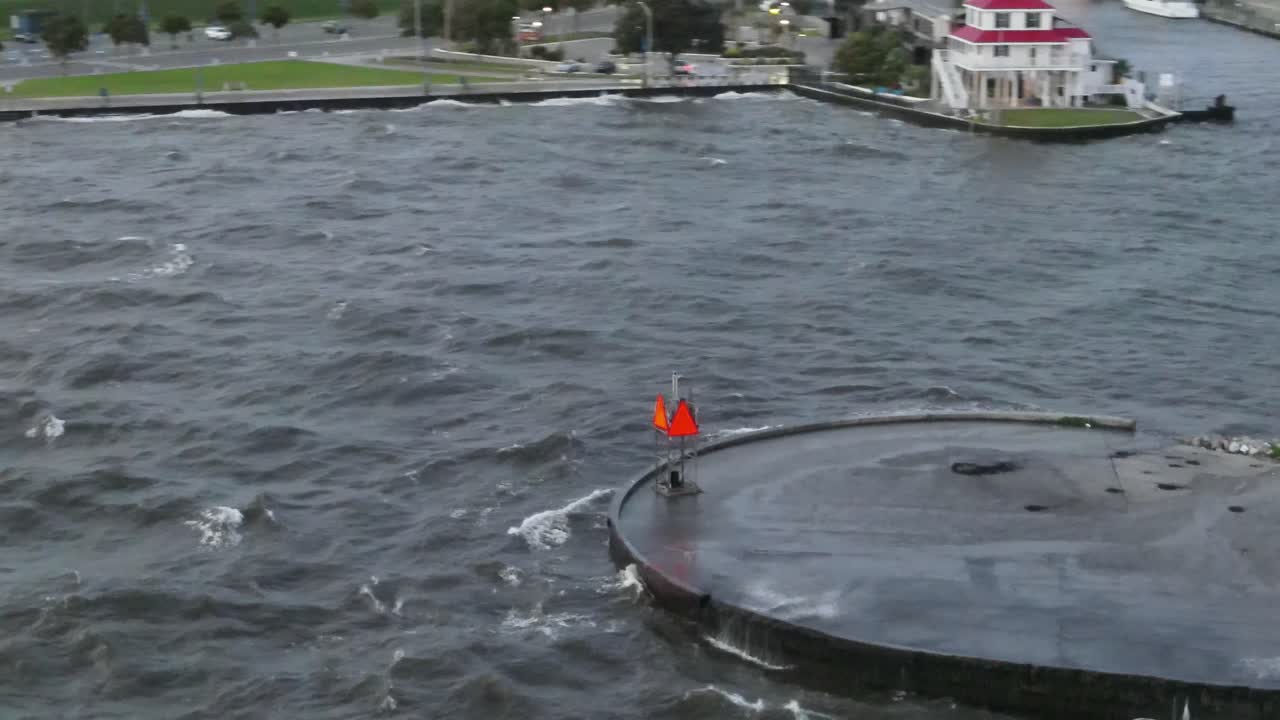 Aerial View Of Waves At Lake Pontchartrain Breaking Against Breakwater Drive In Lousiana, USA
