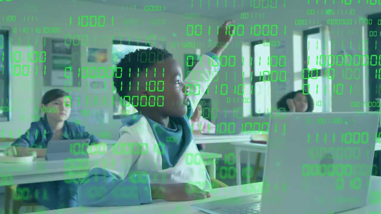 Boy answering prompt, raising hand, tapping laptop in class while green code animating over laptop