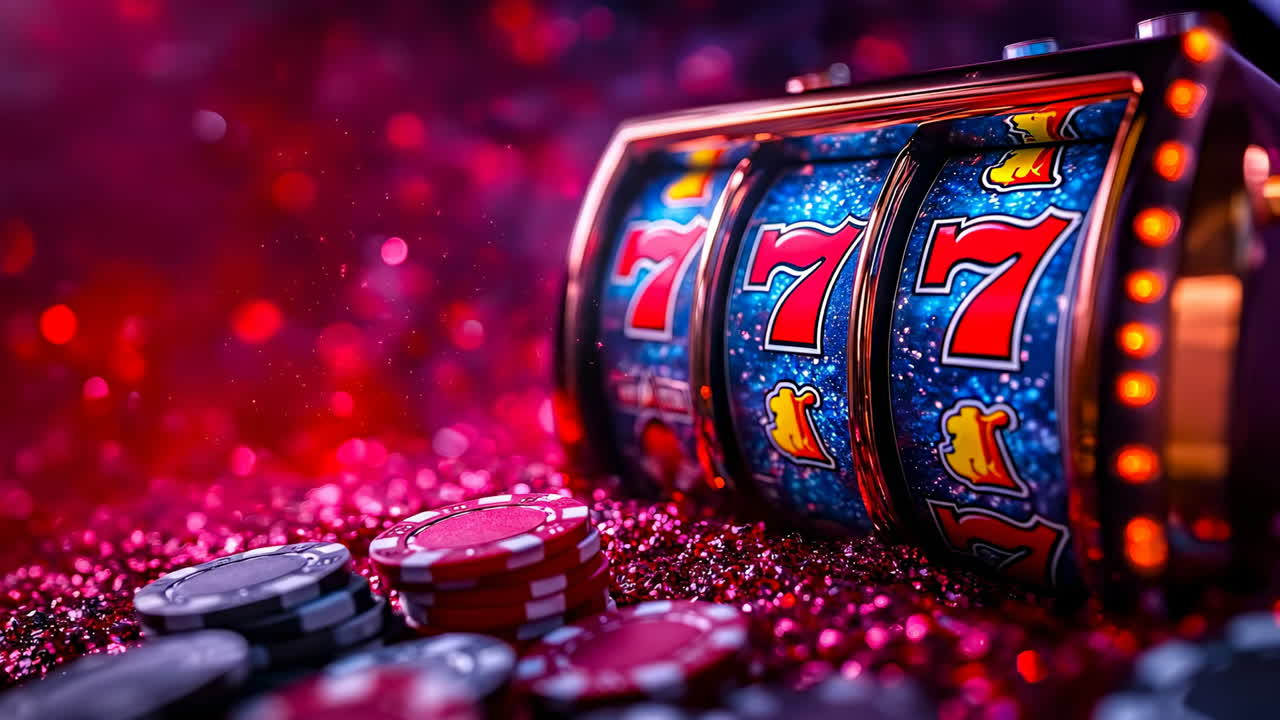 Värikkäät kasinon pyörivät kelat. Kirkasväriset peliautomaatin kelat pyörivät eloisassa kasinoympäristössä hehkuvien pokerimerkkien vieressä.