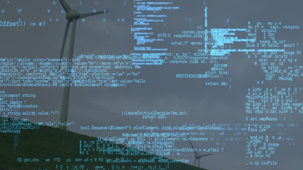animazione dell'elaborazione dei dati su turbine eoliche e cielo con nuvole