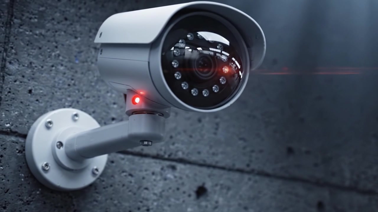 High-Tech Surveillance Camera Captured in Action, Illuminated with a Bright Light, Showcasing Security Measures in a Modern Environment