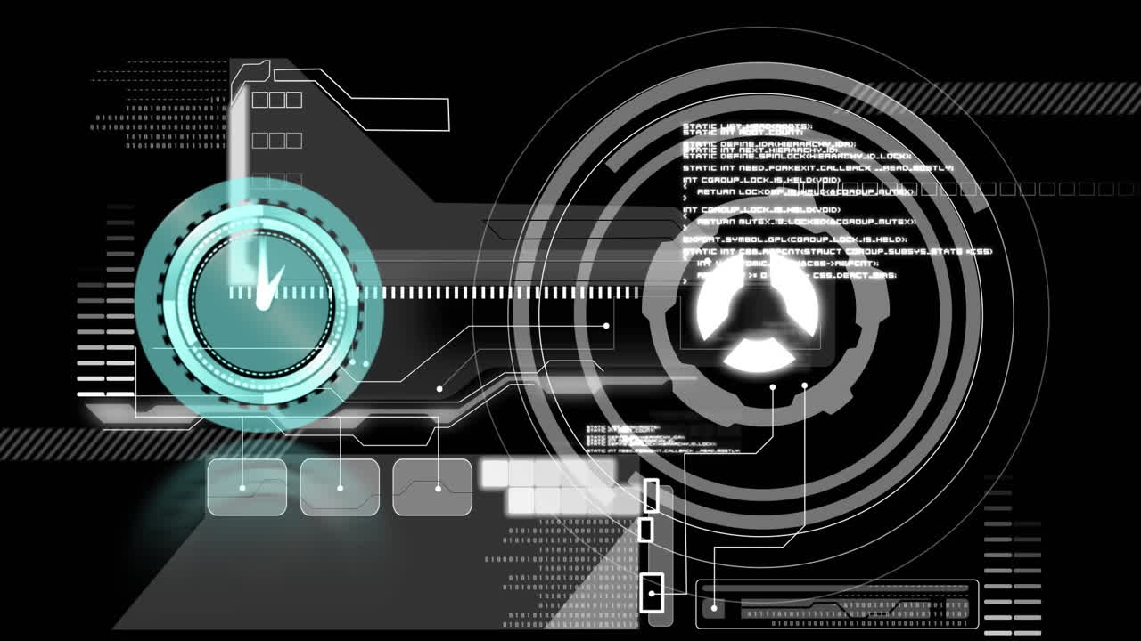 Animation of clock moving fast with scope scanning and data processing on screen
