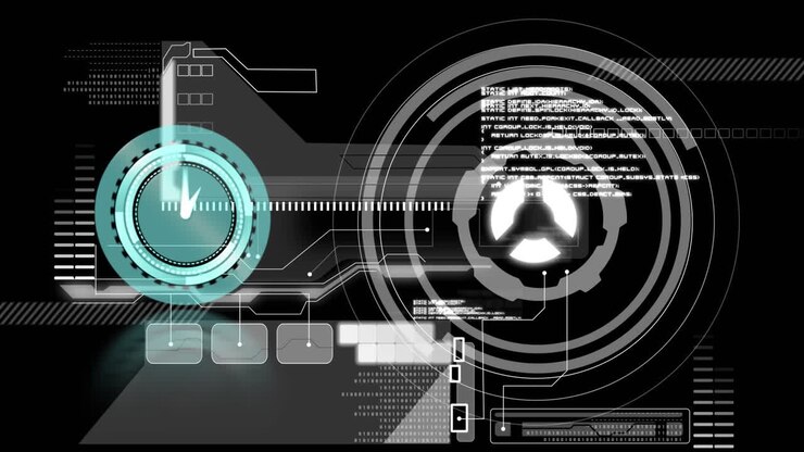 Animazione di un orologio che scorre velocemente con scansione mirino e elaborazione dati sullo schermo