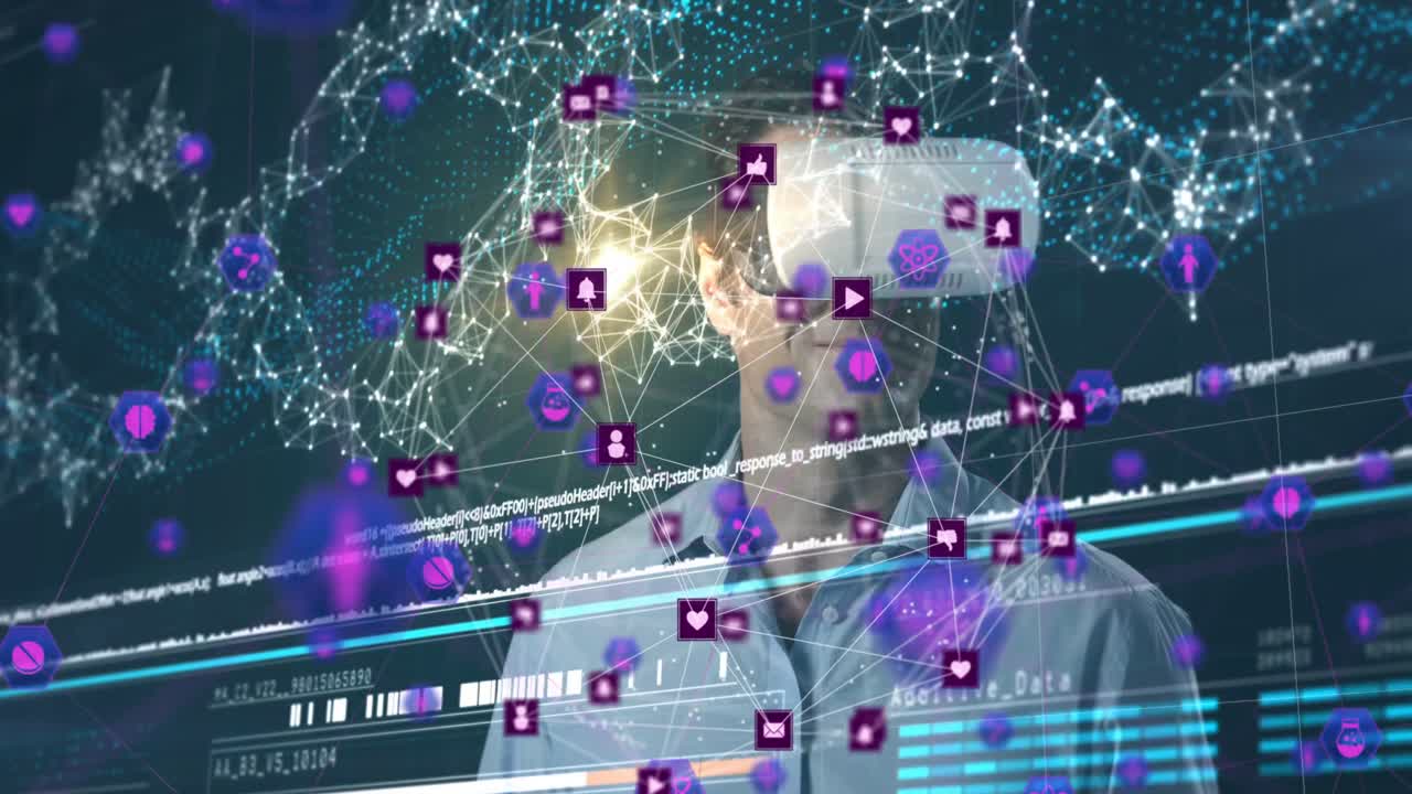 animación de la red de conexiones sobre el hombre que usa auriculares vr