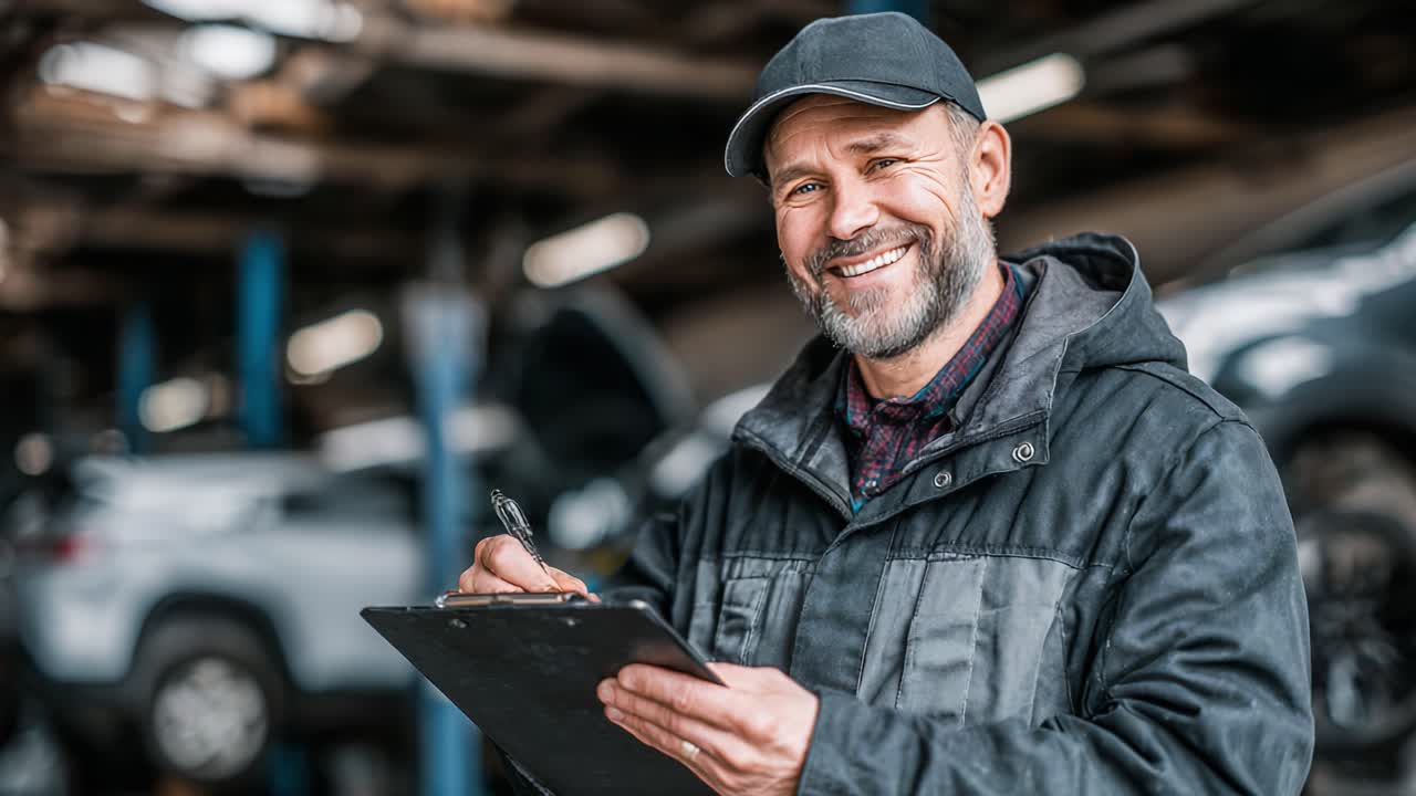 Venlig mekaniker smiler, mens han tager noter i et autoværksted, hvilket viser professionalisme og kundeinteraktion i et bilservice miljø