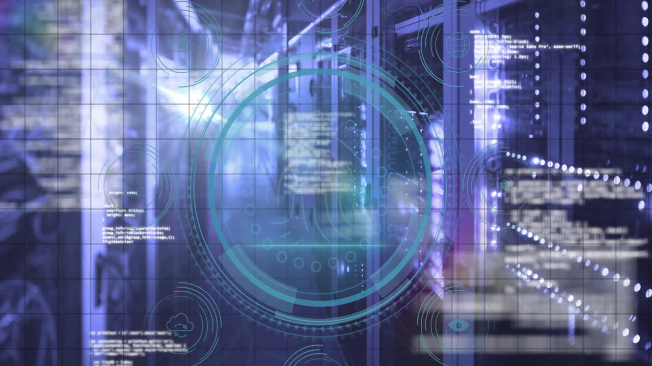 Animation of data processing and fingerprint with icons over server room
