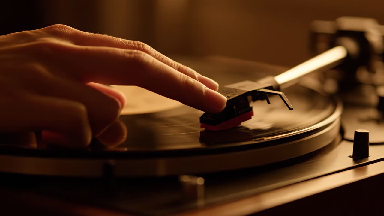 Close-up of a hand playing vinyl on a turntable