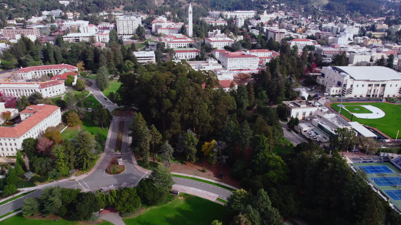 Aerial View, University of California in Berkeley Campus, Revealing Drone Shot of Park and Buildings