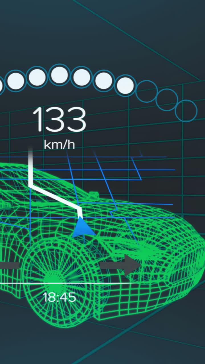animación del velocímetro, el gps y los datos del estado de carga en la interfaz del vehículo, en un modelo de coche 3d