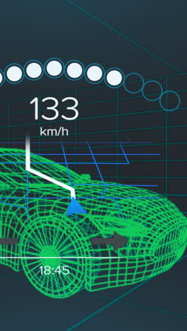 Animation of speedometer, gps and charge status data on vehicle interface, over 3d car model