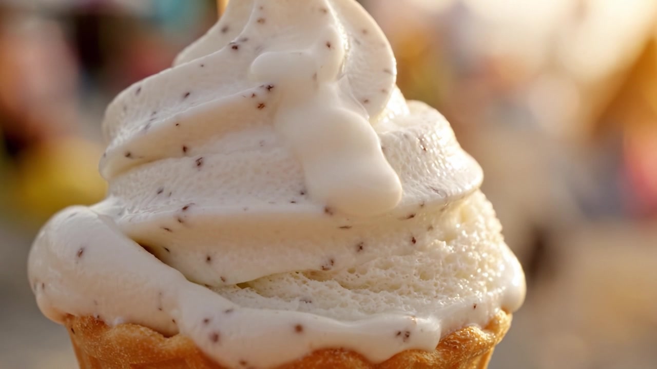 Deliciosas espirais de sorvete soft em um cone crocante, capturadas em uma cena ensolarada, um deleite perfeitamente indulgente para dias quentes.