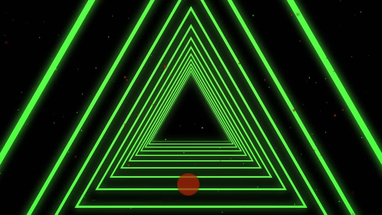 formas de triángulos verdes en movimiento continuo contra puntos rosados flotando en un fondo púrpura