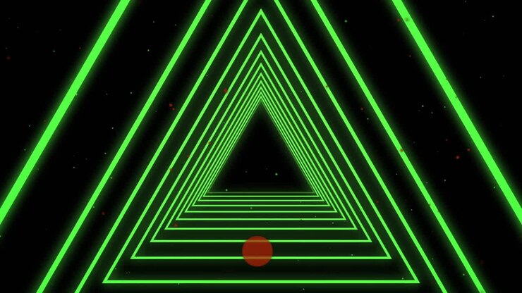 Green triangle shapes in seamless motion against pink dots floating on purple background