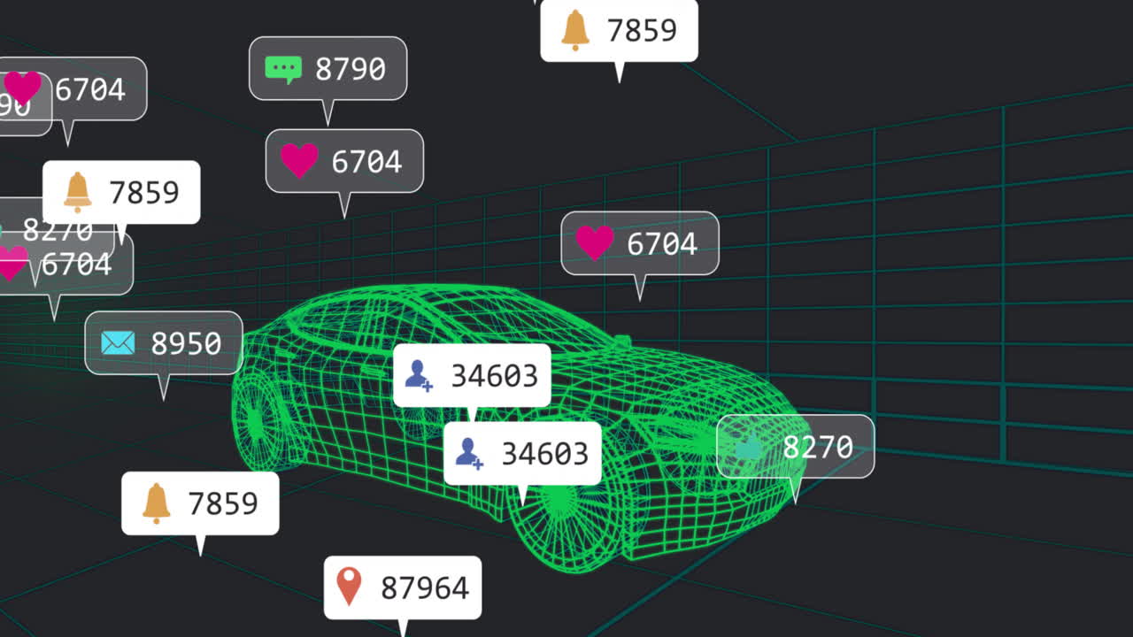 Green wireframe car being animated in neon grid, with floating notification icons and data counters