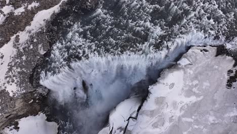 top-down aerial view of dettifoss waterfall in iceland, capturing the immense power and icy landscape of one of europe’s most powerful waterfalls.