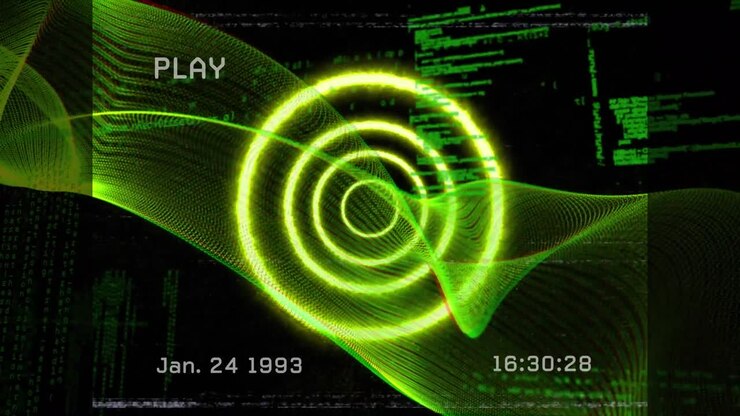 Animation of video tape, neon waves and circle over data processing on black background