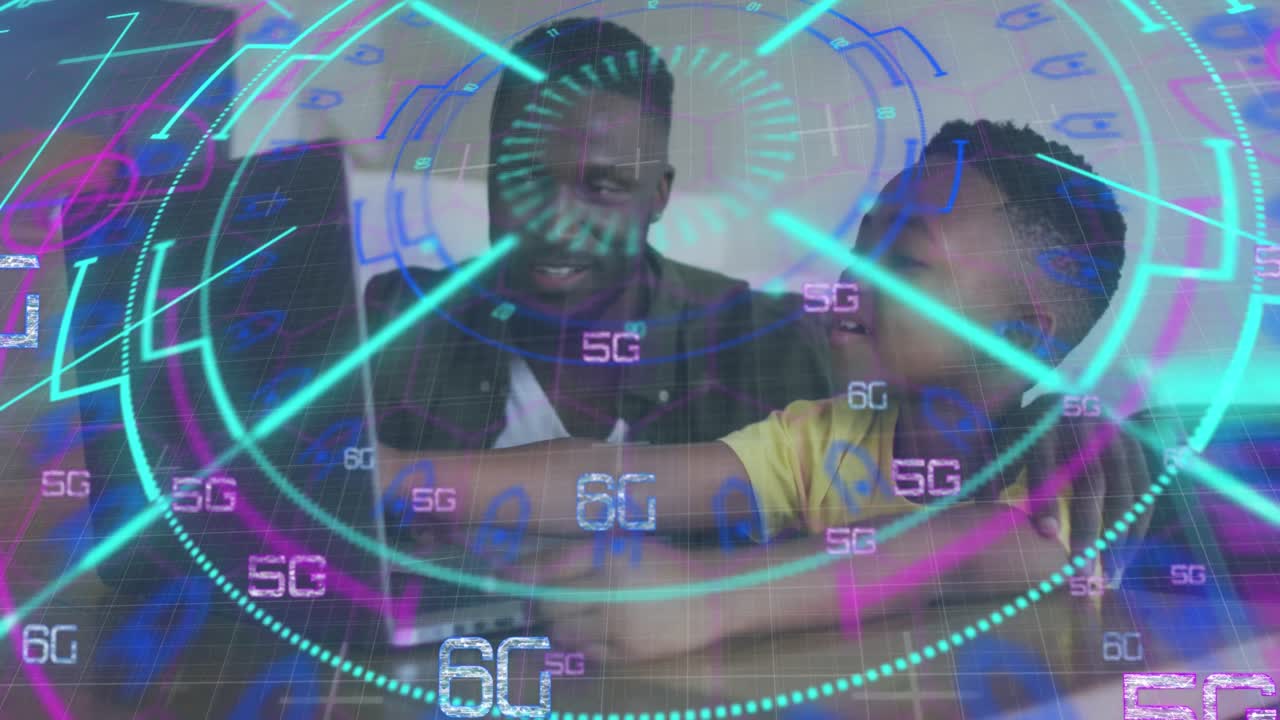 animación de procesamiento de datos sobre padre e hijo afroamericanos usando portátil