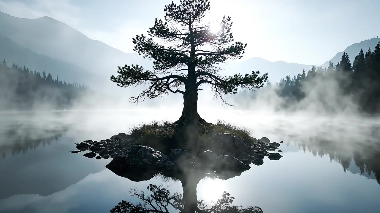 Albero solitario su lago nebbioso con riflesso simmetrico all'alba