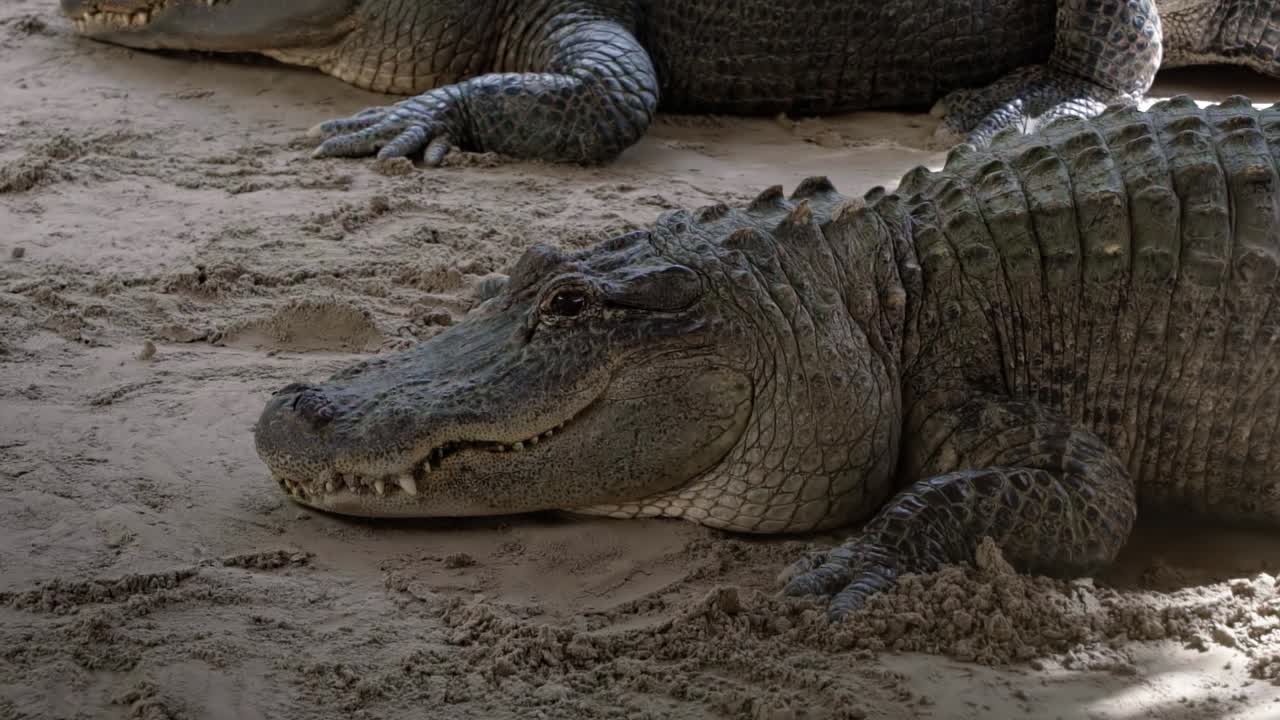 disparo en cámara lenta de dos grandes cocodrilos adultos descansando en la arena a la sombra con grandes escamas en los everglades de florida cerca de miami en un cálido día soleado de verano