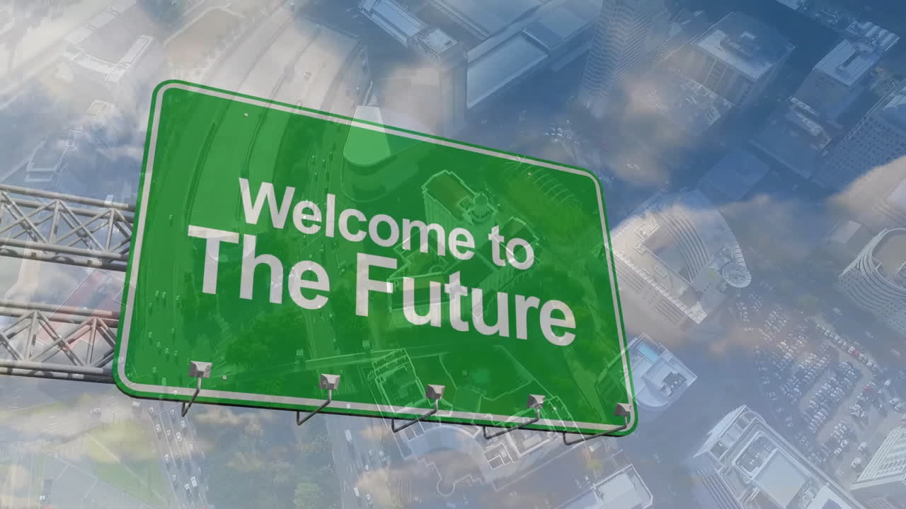 Welcome to Future text animation over aerial view of cityscape