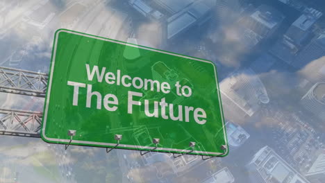 welcome to future text animation over aerial view of cityscape