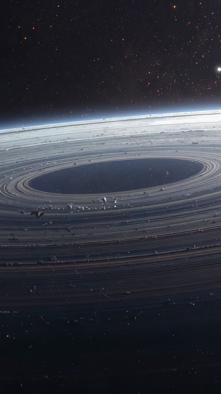 Vertical video: Drifting camera showing planet rings above orbit, revealing central gap and debris