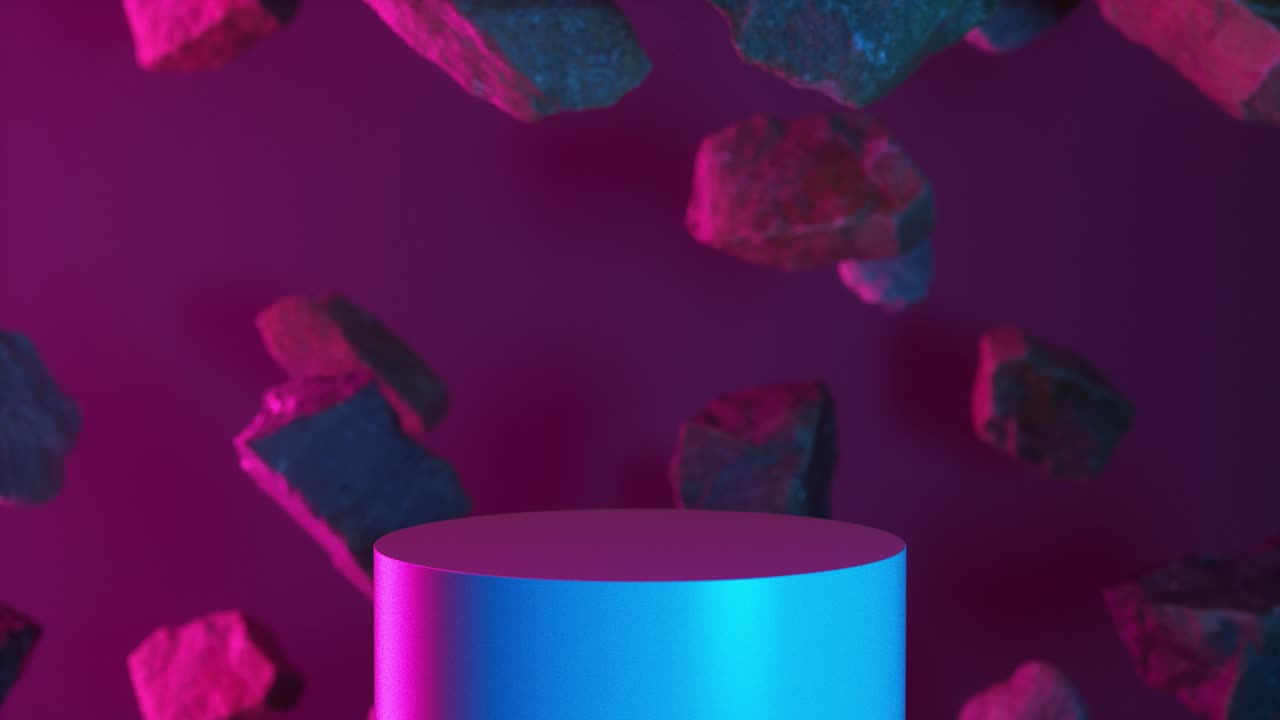 Rocks set on neon pink blue background. Fly rocks pieces background. Podium display for cosmetic product presentation, pedestal or platform. Mockup template for ads design. 3d animation loop in 4K
