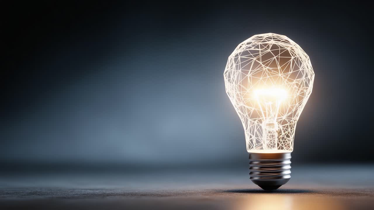 Un'accattivante lampadina illumina l'oscurità, mostrando un design futuristico con una rete di linee che simboleggiano innovazione e creatività nella tecnologia dell'illuminazione