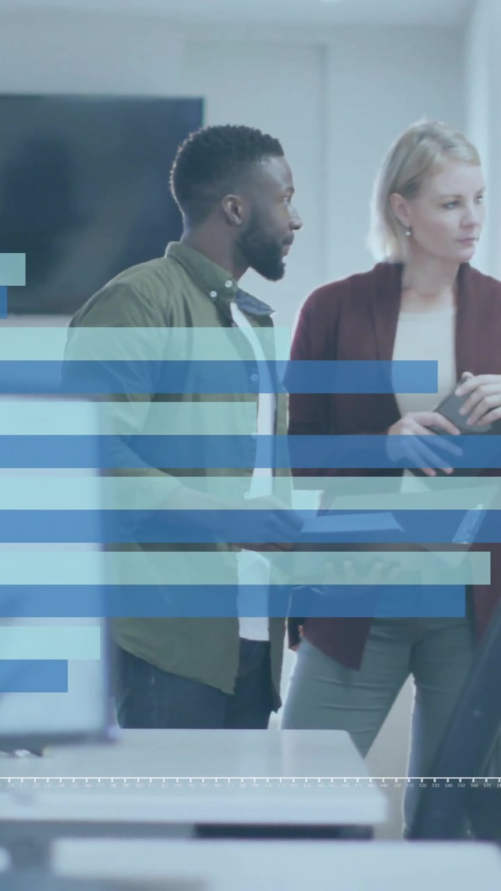 Animation of financial data processing over diverse business people in office
