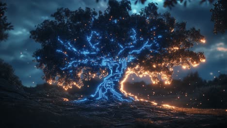 glowing circuit tree lights dusk. a digital tree with glowing circuits stands prominently in a twilight setting, radiating light and beauty.