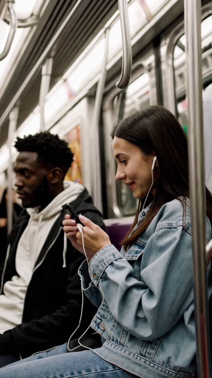 Smiling woman using phone with earbuds on a subway train