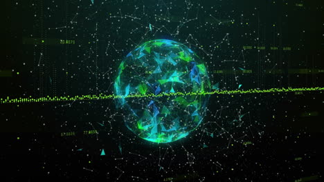 glowing globe with network connections and data points animation over dark background