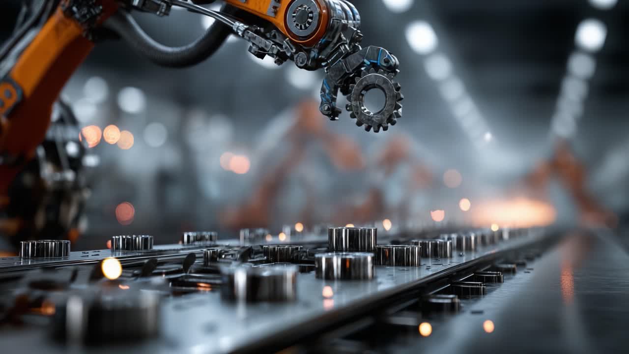 Advanced Robotic Arm in an Industrial Setting Engaged in Precision Manufacturing, Showcasing Machinery, Automation, and Interaction with Metal Components