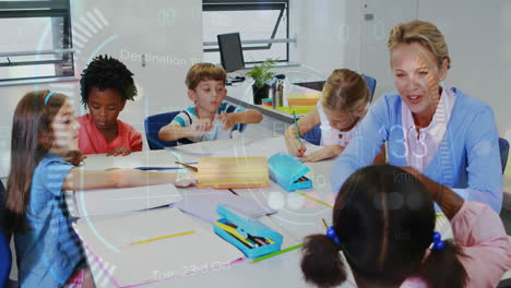 animation of data processing over caucasian female teacher with diverse schoolchildren