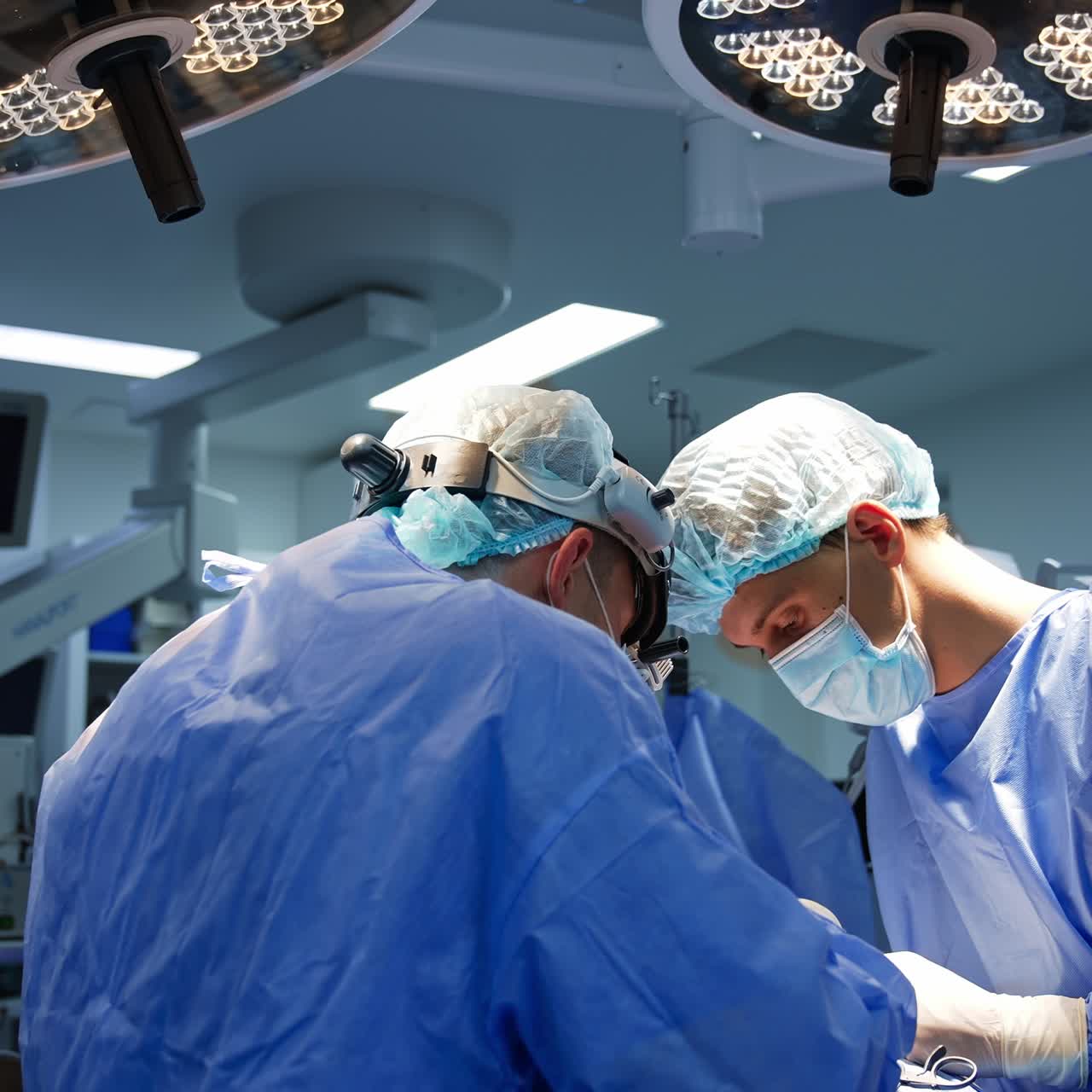 Two surgeons bent over the patient carrying out the surgery. Collaboration of doctors at operation in modern surgery room