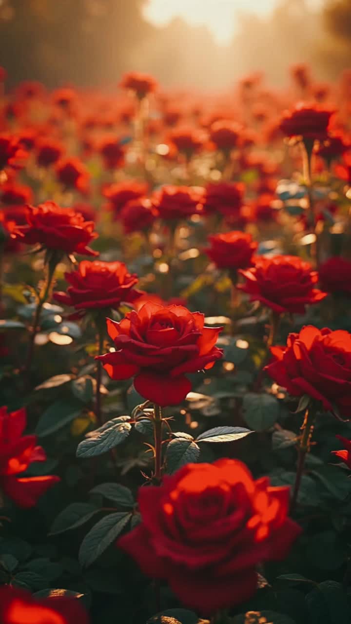 Jardín de rosas rojas al amanecer