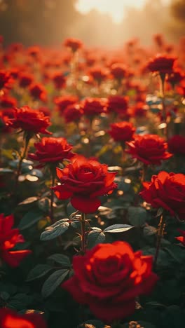 red rose garden at sunrise