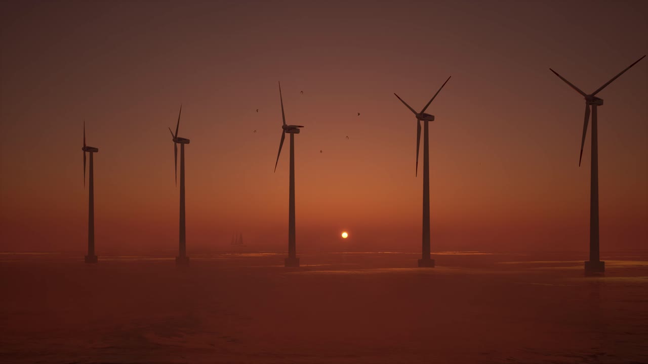 해상 풍력 터빈의 3d 애니메이션 - 해가 지면 풍력 공장, 재생 가능한 에너지