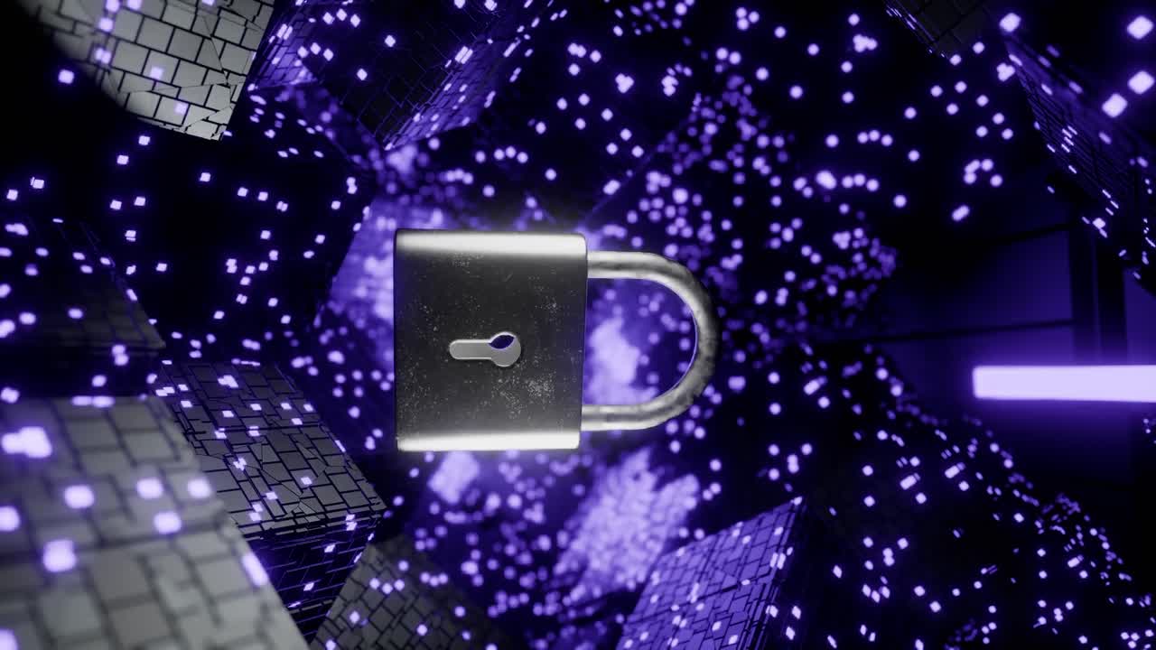 padlock floating among glowing digital cubes and purple data grid blocks. 3D rendering. Cybersecurity and data protection concept. Design for banner, poster, wallpaper, and header. vertical