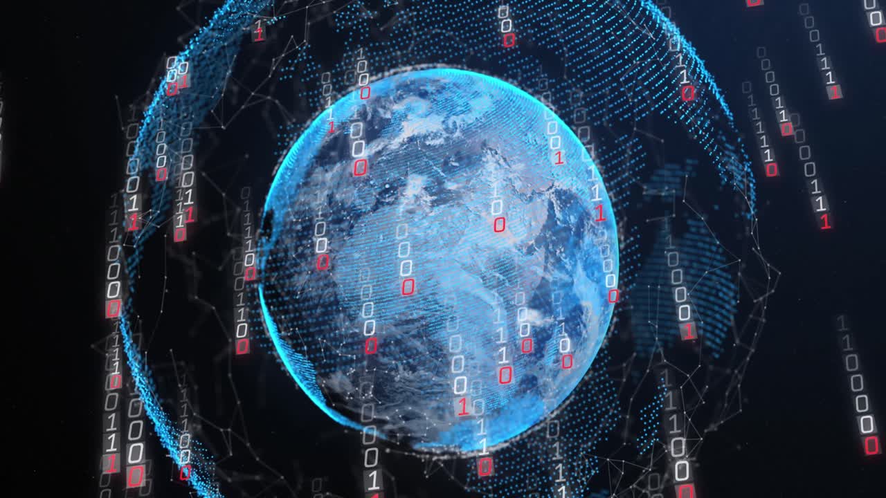 Animation of glitched falling binary codes over connected dots around globe on black background