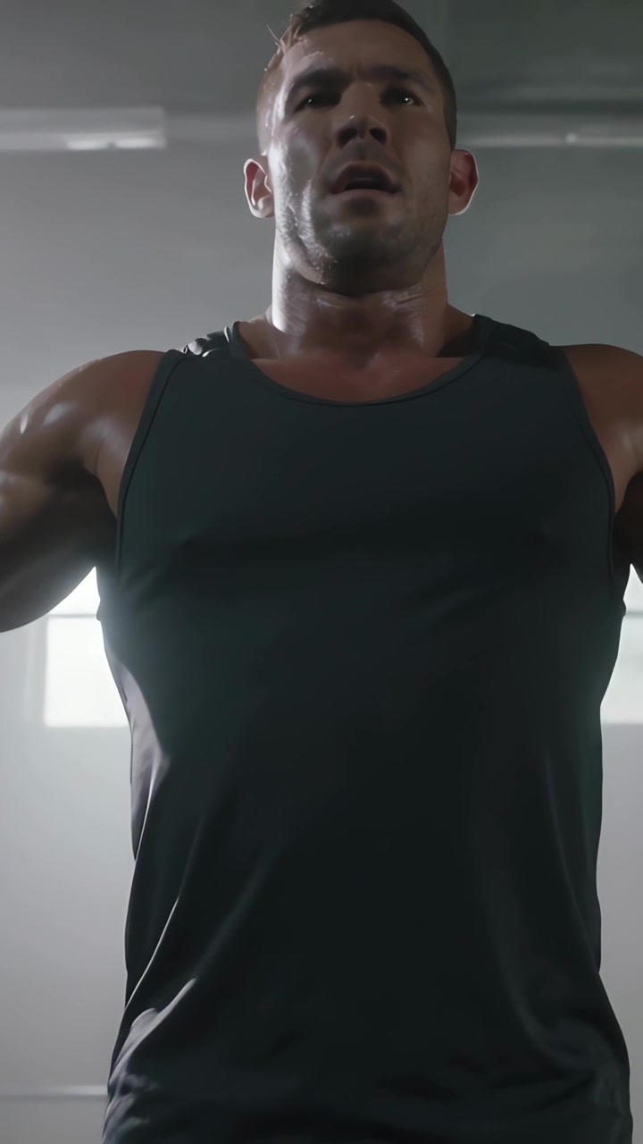 Video verticale: Uomo che respira affannosamente mentre fa sollevamenti delle braccia in palestra durante l'allenamento, indossando una canotta scura.