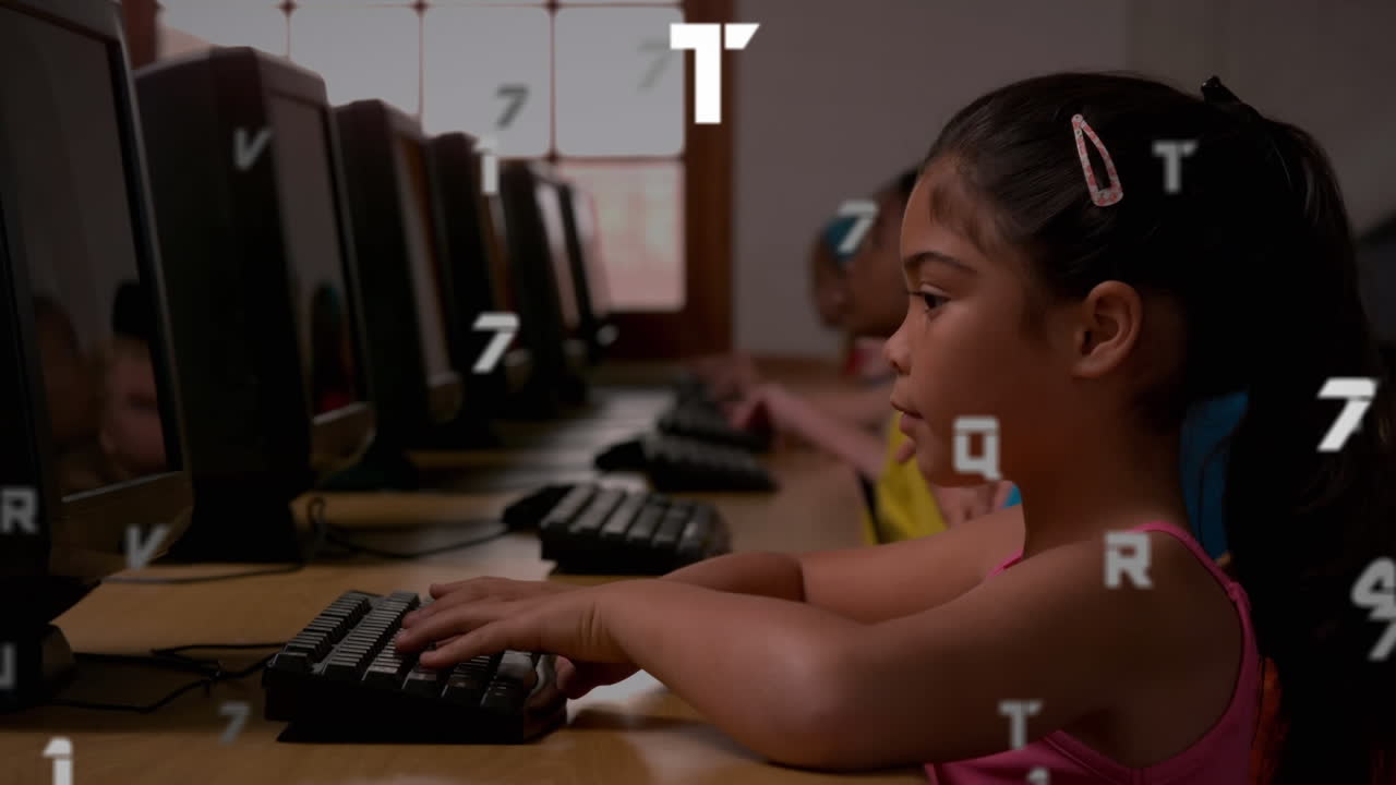 Multiple changing numbers and alphabets floating against school girl using computer at school