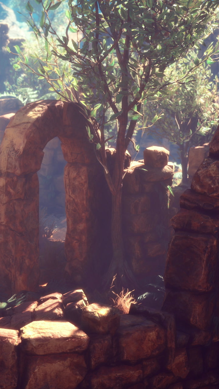 Exploring ancient ruins shrouded in sunlight and mystery in a lush landscape