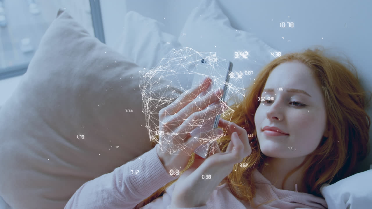 анимация сети соединений через женщину с помощью смартфона