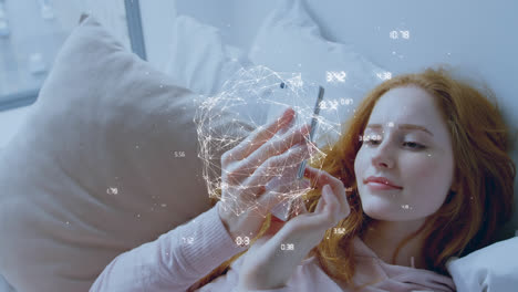 animación de la red de conexiones sobre la mujer usando teléfono inteligente